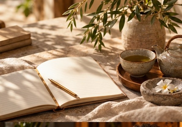 An open journal with tea and flowers, in soft daylight